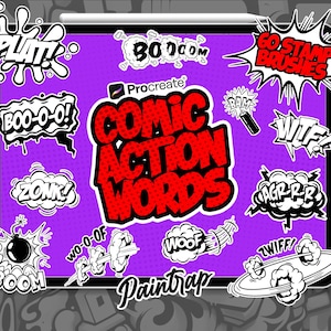 Comic Action Words Stempelborstels voor Procreate - 60 Comic Action Clouds Speech Style Template Stempelborstels Pack - Instant digitale download