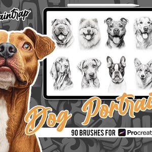 Pode incluir: Uma ilustração digital de um cão castanho com peito branco, olhando para cima. A imagem está na tela de um tablet com o texto "Dog Portraits" e "90 Brushes for Procreate" na tela.