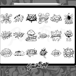 May include: A set of 18 black and white comic book style speech bubbles with various sound effects, including "Bang", "Wo-o-of", "Wif", "Ka-boom", "Smash", and "Yeah!" The speech bubbles are on a white background.