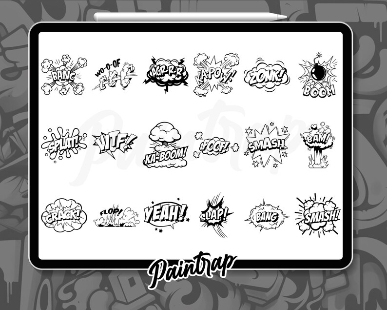 May include: A set of 18 black and white comic book style speech bubbles with various sound effects, including "Bang", "Wo-o-of", "Wif", "Ka-boom", "Smash", and "Yeah!" The speech bubbles are on a white background.