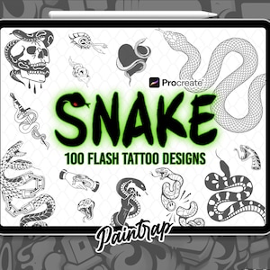 May include: A digital illustration of 100 snake tattoo designs. The designs are in black and white and feature various snake poses, including coiled, slithering, and striking. The text "SNAKE 100 FLASH TATTOO DESIGNS" is displayed in green letters.