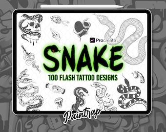Sellos de tatuajes de serpientes para Procreate - Paquete de 100 pinceles de sellos de estilo tatuaje de serpientes y reptiles - Descarga digital instantánea