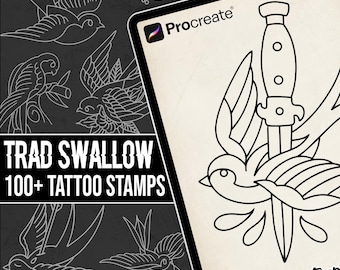Procreate用ツバメの伝統的なタトゥースタンプブラシ - 100種類以上のツバメのタトゥーアウトラインステンシルデザインスタンプパック - インスタントデジタルダウンロード