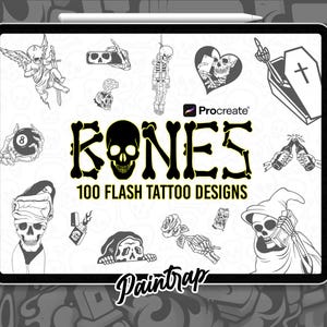 Bones Skull Skeleton Flash Tattoo Stamps for Procreate - 100 Bone Skull Flash Tattoo Style Stamp Brushes Pack - Instant Digital Download