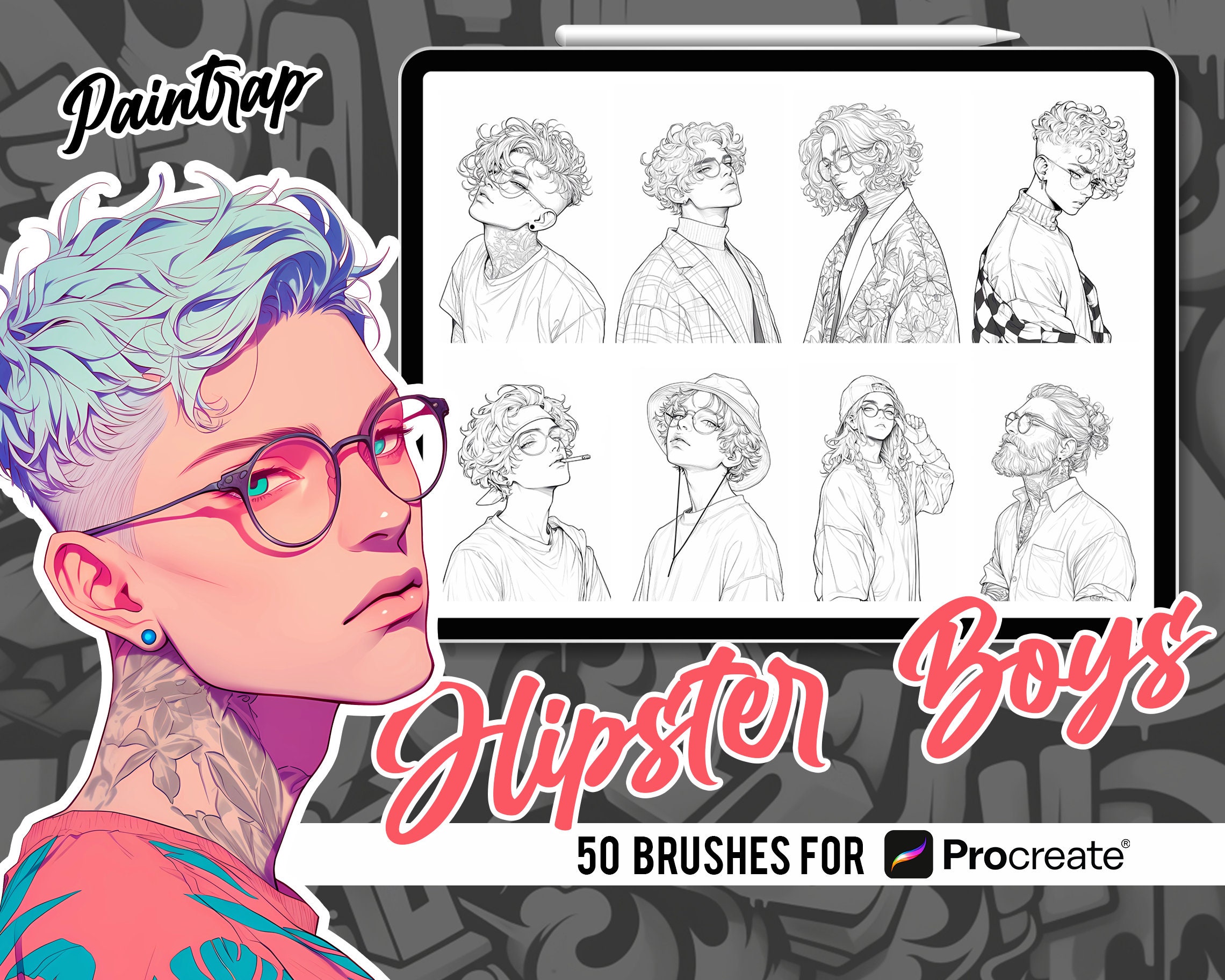Pinceles de Sellos para Procreate Anime Hipster Boys – 50 Guías de Retrato Manga, Descarga Digital Instantánea