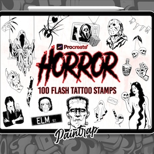 Horror Friday the 13th Flash Tattoo Procreate Stamps - 100 Horror Halloween Tattoo Reference Stamp Brush Pack - Instant Digital Download