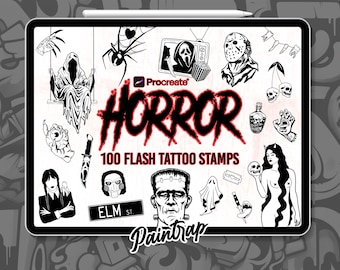 Horror Friday the 13th Flash Tattoo Procreate Stamps - 100 Horror Halloween Tattoo Reference Stamp Brush Pack - Instant Digital Download