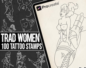 Procreate用伝統的な女性用タトゥースタンプブラシ - ピンナップガールのタトゥーアウトラインステンシルデザイン100種類スタンプパック - インスタントデジタルダウンロード