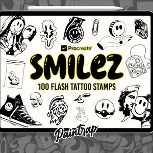 May include: A digital tablet displays a collection of black and white flash tattoo stamps. The word "SMILEZ" is in large yellow letters, with "100 FLASH TATTOO STAMPS" below. Various smiley face designs and other graphics are included.