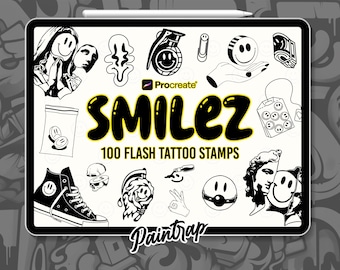 Smile Faces Flash Tattoo Procreate Stamps - 100 Smiley Face Designs Tattoo Reference Stamp Brush Pack - Instant Digital Download