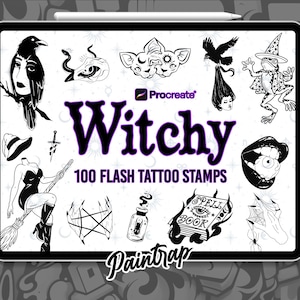 May include: A digital tablet shows a selection of black and white witch-themed tattoo stamp designs. The word "Witchy" is displayed, along with the text "100 Flash Tattoo Stamps". The Paintrap logo is at the bottom of the image.