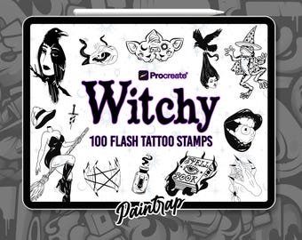 魔女のフラッシュタトゥー Procreate スタンプ - 魔女の魔法魔術ブラックワークタトゥー参考スタンプブラシパック 100 個 - インスタントデジタルダウンロード