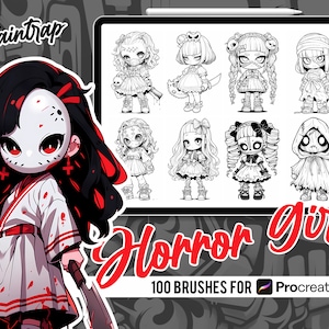 Anime Chibi Horror Girls Stamp Brushes for Procreate - 100 Horror Creepy Girl Stamp Brushes Pack - Instant Digital Download