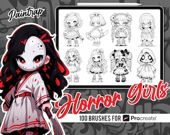 Anime Chibi Horror Girls Stamp Brushes for Procreate - 100 Horror Creepy Girl Stamp Brushes Pack - Instant Digital Download