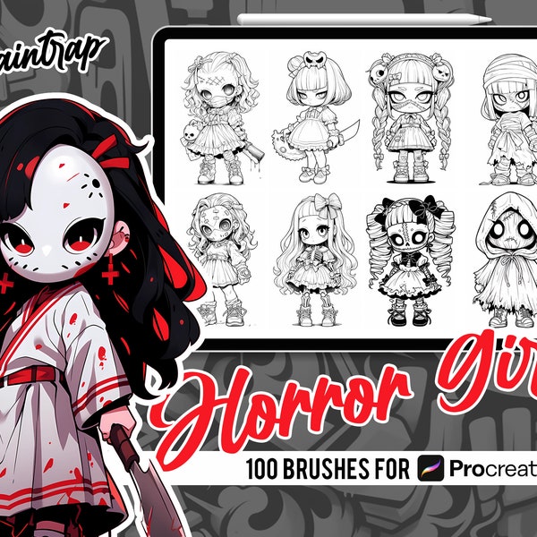 Pinceaux à tamponner Anime Chibi Horror Girls pour procréer - Lot de 100 pinceaux à tampon Horror Creepy Girl - Téléchargement numérique instantané