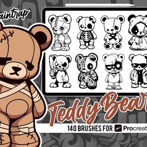 Peut inclure: Un ensemble de 140 pinceaux Procreate représentant de mignons ours en peluche de style cartoon dans différentes poses et designs. Les pinceaux sont parfaits pour créer des illustrations, des motifs et d'autres projets créatifs.