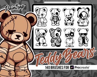 May include: A set of 140 Procreate brushes featuring cute, cartoon-style teddy bears in various poses and designs. The brushes are perfect for creating illustrations, patterns, and other creative projects.