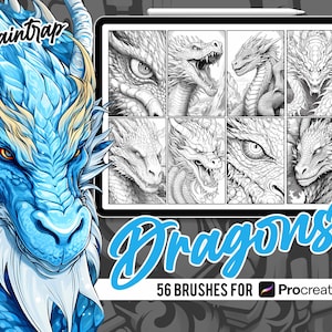 Dragons Stamp Brushes for Procreate - 56 Mythical Dragons Reference Style Stamp Brushes Pack - Instant Digital Download
