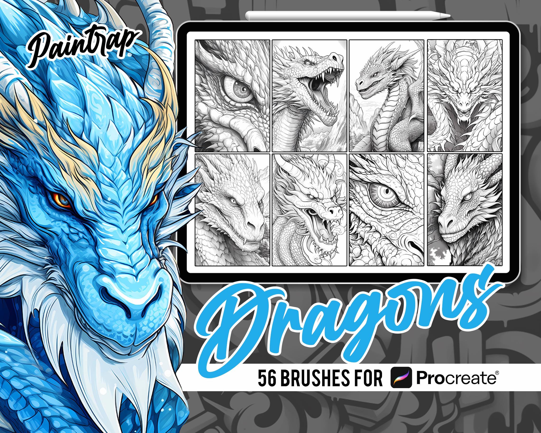 Dragons Stamp Brushes for Procreate – 56 Mythical Dragon Reference Stamps | Instant Digital Download