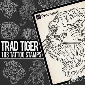 May include: Digital art featuring a collection of tiger tattoo designs. The image includes a tablet displaying a detailed tiger face illustration, surrounded by various tiger sketches. Text on the tablet reads "Procreate". The words "Trad Tiger 103 Tattoo Stamps" are also visible.
