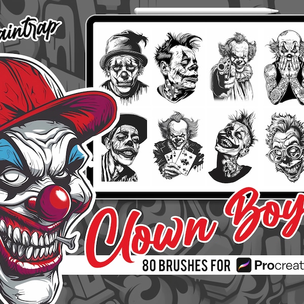 Clown Boys Tattoo Style Stamp Brushes for Procreate - 80 Clown Chicano Style Stamp Brushes Pack - Instant Digital Download