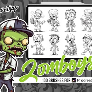 Może przedstawiać: Zestaw 100 cyfrowych pędzli do Procreate z postaciami kreskówek zombie w różnych pozach. Pędzle są przeznaczone do użytku z aplikacją Procreate na iPadzie.