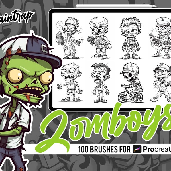Animated Zombie Boys Stamp Brushes for Procreate - 100 Zombie Horror Stamp Brushes Pack - Instant Digital Download