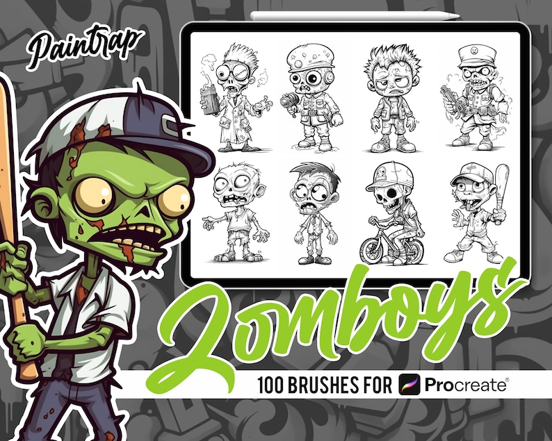 Puede incluir: Un conjunto de 100 pinceles digitales para Procreate con personajes de zombies de dibujos animados en varias poses. Los pinceles est&aacute;n dise&ntilde;ados para usarse con la aplicaci&oacute;n Procreate en iPad.