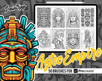 May include: A digital art set titled "Aztec Empire" with 50 brushes for Procreate. The image features a tablet displaying black and white illustrations of Aztec figures and architecture. A colorful Aztec mask graphic is on the left.