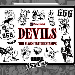 Puede incluir: Una pantalla de arte digital con ilustraciones de temática diabólica en blanco y negro. La palabra "DEVILS" aparece en rojo, junto con el texto "100 FLASH TATTOO STAMPS". La imagen incluye varios personajes y símbolos diabólicos.