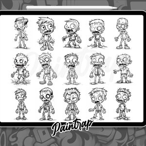 Puede incluir: Una ilustraci&oacute;n digital de 12 zombies de dibujos animados en varias poses. Los zombies est&aacute;n dibujados en blanco y negro y tienen diferentes expresiones faciales y ropa.