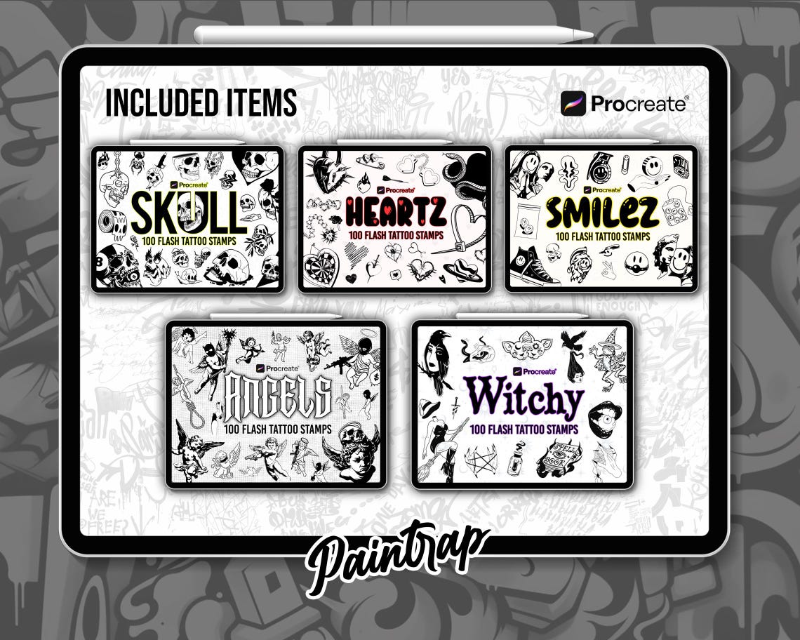 Procreate Flash Tattoo Stamps Bundle Vol 2 - 1000+ Flash Tattoo Style ...