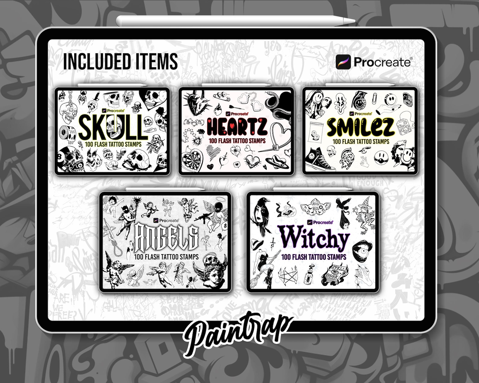 Procreate Flash Tattoo Stamps Bundle Vol 2 - 1000+ Flash Tattoo Style ...