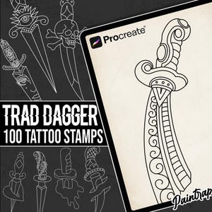 May include: Digital art featuring traditional dagger designs. The image includes a tablet displaying a dagger illustration with the Procreate logo, and the text "TRAD DAGGER 100 TATTOO STAMPS". Additional dagger designs are shown.