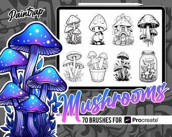 Magic Mushroom Stamp Brushes for Procreate - 70 Mushrooms Stamp Brushes Pack - Instant Digital Download