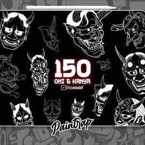 May include: A digital art collection displayed on a tablet, featuring 150 Oni & Hannya illustrations in white against a black background. The artwork includes various demon mask designs, with the text "150 Oni & Hannya" and the Paintrap logo.