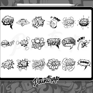 May include: A set of 18 black and white comic book style speech bubbles with various words and phrases, including "Puff!" "Wow!" "Z-Zum!" "Boom!" "Bang!" "Woof!" "Bam!" "Ka-Boom!" "Boo-O-O!" "Goal!!!" "Paw!" "Zap!" "Love" "Boom!" "Pow!" "Boom!" "Bamm!" and "Paintrap".