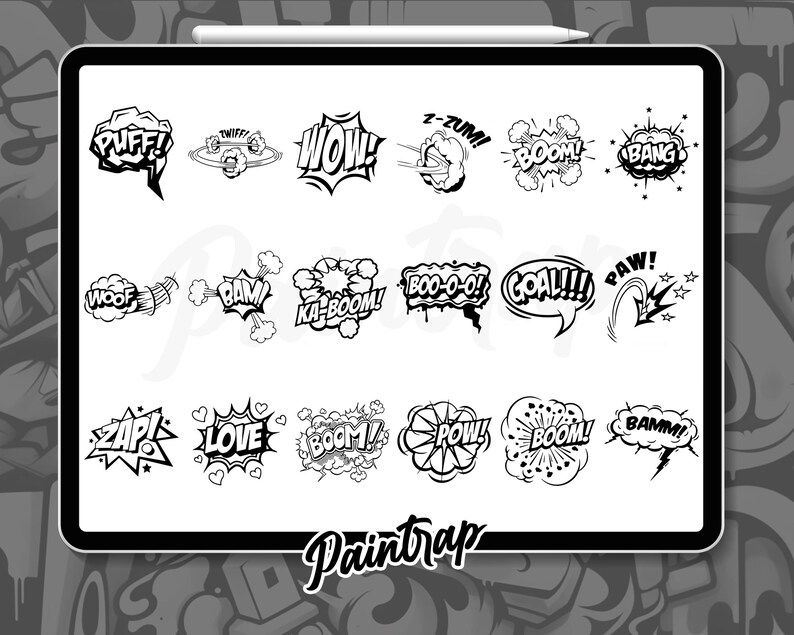 May include: A set of 18 black and white comic book style speech bubbles with various words and phrases, including "Puff!" "Wow!" "Z-Zum!" "Boom!" "Bang!" "Woof!" "Bam!" "Ka-Boom!" "Boo-O-O!" "Goal!!!" "Paw!" "Zap!" "Love" "Boom!" "Pow!" "Boom!" "Bamm!" and "Paintrap".