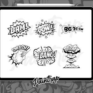 May include: Black and white comic book style speech bubbles with words like "BAM!" "POW!" "BOOM!" and "BANG!"