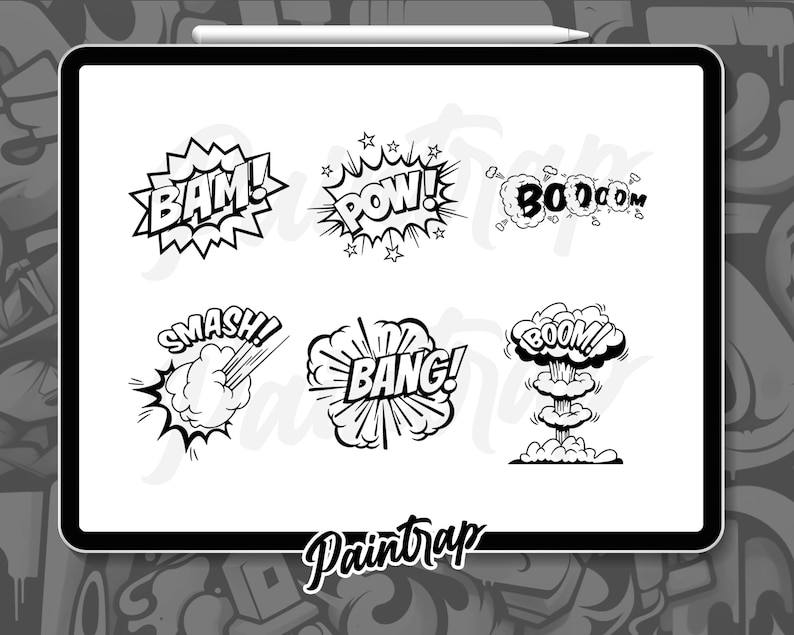 May include: Black and white comic book style speech bubbles with words like "BAM!" "POW!" "BOOM!" and "BANG!"