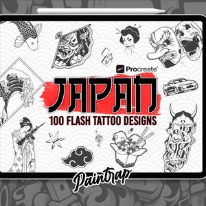 Puede incluir: Un conjunto de 100 diseños de tatuaje flash en blanco y negro inspirados en la cultura japonesa. Los diseños incluyen un pez koi, una ola, una máscara de demonio, una calavera, una geisha, un coche, una estrella ninja, una nube, una caja para llevar, y mucho más. El texto "JAPAN" está escrito en rojo y el texto "100 FLASH TATTOO DESIGNS" está escrito en negro.