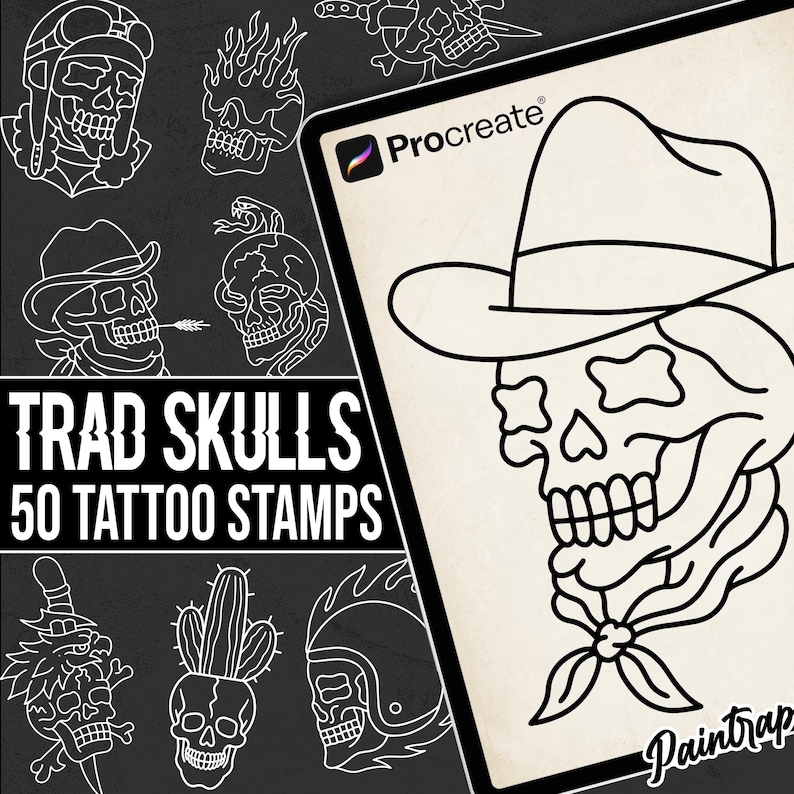 Traditional Skull Tattoo Stamp Brushes for Procreate - 50 Skulls Tattoo ...