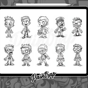 Puede incluir: Un conjunto de nueve ilustraciones de zombies de dibujos animados en blanco y negro. Los zombies est&aacute;n en varias poses y expresiones, incluyendo un zombie que lleva un uniforme de polic&iacute;a, un zombie que lleva una bata de laboratorio y un zombie que lleva un vendaje en la cabeza.