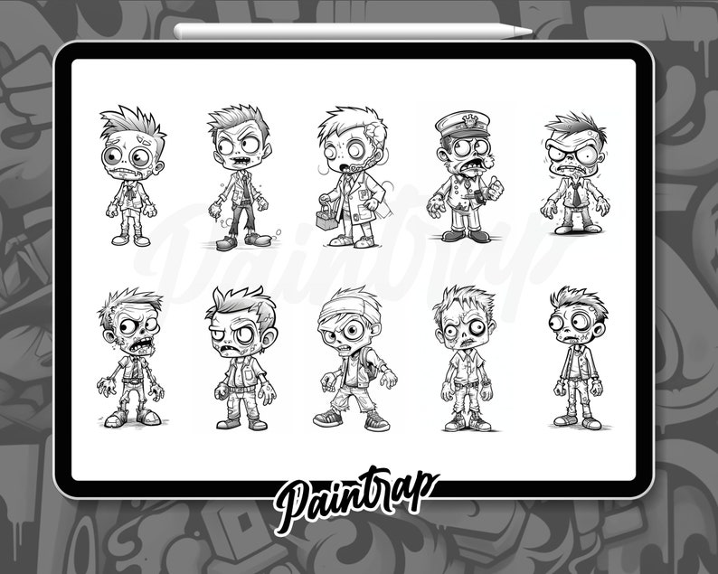Puede incluir: Un conjunto de nueve ilustraciones de zombies de dibujos animados en blanco y negro. Los zombies est&aacute;n en varias poses y expresiones, incluyendo un zombie que lleva un uniforme de polic&iacute;a, un zombie que lleva una bata de laboratorio y un zombie que lleva un vendaje en la cabeza.