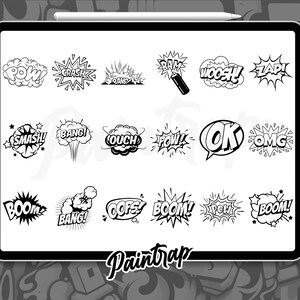 May include: A set of 16 black and white comic book style speech bubbles with various words and phrases, including "POW", "CRASH", "BANG", "SMASH", "OUCH", "BOOM", "ZAP", "WOOSH", "OK", "OMG", and "COFS".