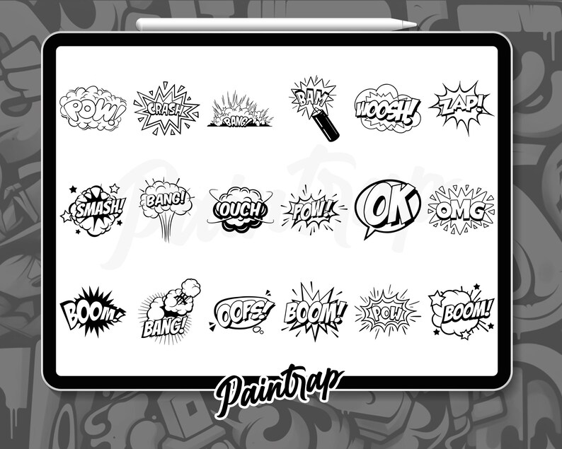 May include: A set of 16 black and white comic book style speech bubbles with various words and phrases, including "POW", "CRASH", "BANG", "SMASH", "OUCH", "BOOM", "ZAP", "WOOSH", "OK", "OMG", and "COFS".