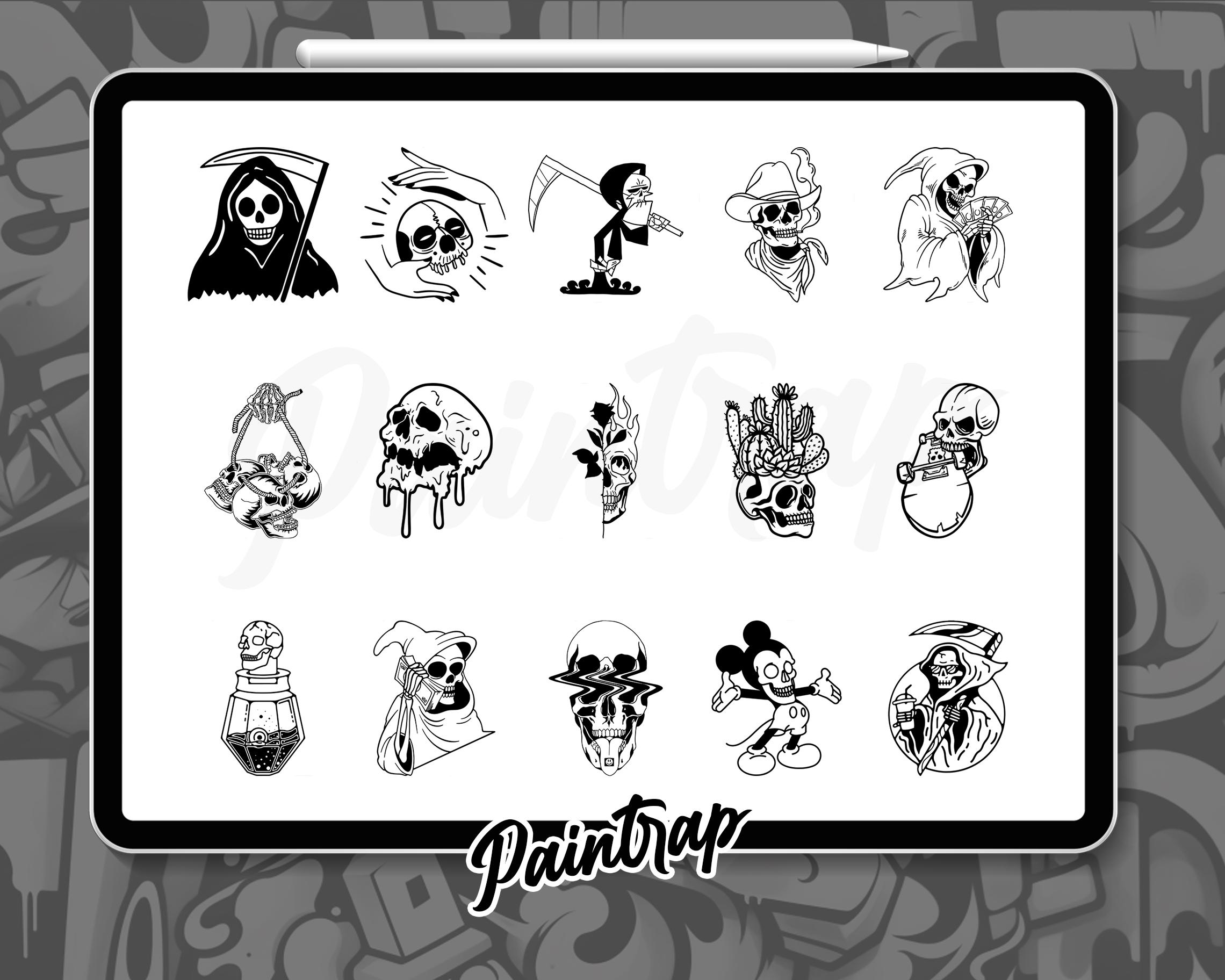Bones Skull Skeleton Flash Tattoo Stamps for Procreate - 100 Bone Skull ...