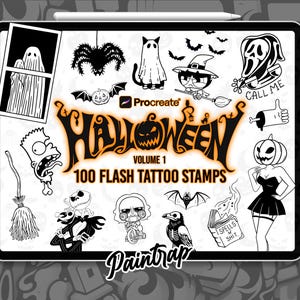 Könnte beinhalten: Ein digitales Tablet zeigt eine Sammlung von Halloween-Flash-Tattoo-Stempeln. Das Design umfasst Geister, Fledermäuse, eine Hexe, einen Kürbis und den Text "Halloween Volume 1 100 Flash Tattoo Stamps" in Orange und Schwarz.
