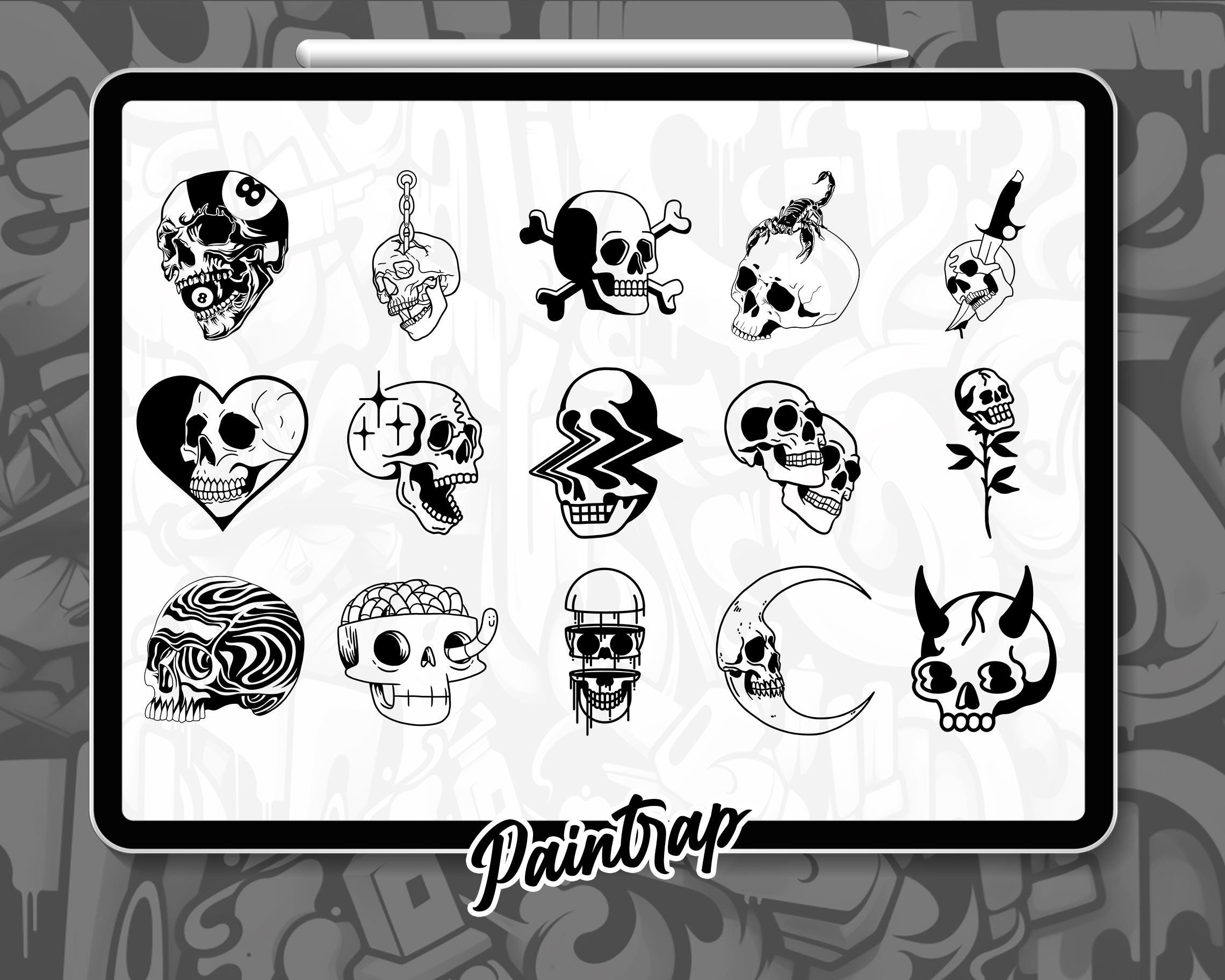 Skull Flash Tattoo Procreate Stamps - 100 Skull Skeleton Bones Horror ...