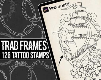 Procreate用トラディショナルフレームタトゥースタンプブラシ - 126種類の伝統的でエレガントなフレームデザインスタンプパック - インスタントデジタルダウンロード
